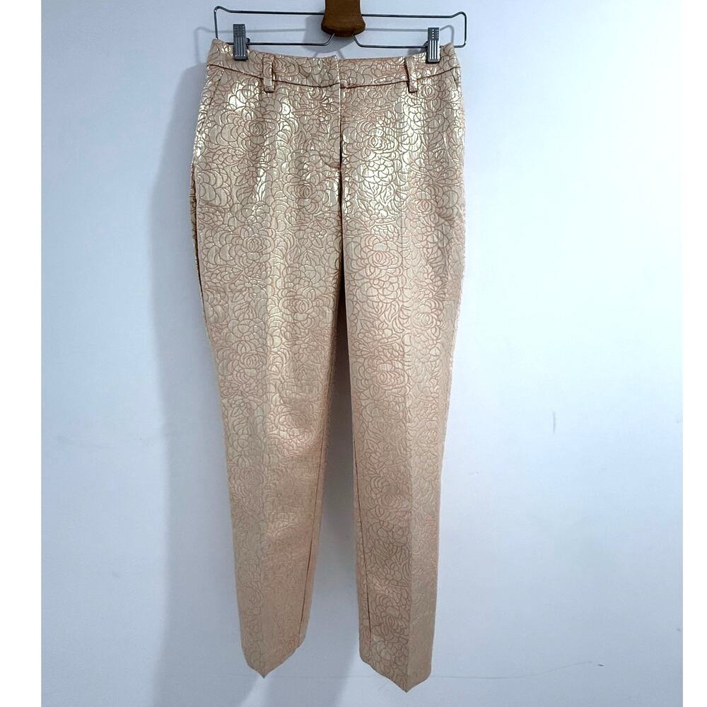 CYNTHIA ROWLEY unique gold peach brocade metallic straight cropped trouser pants